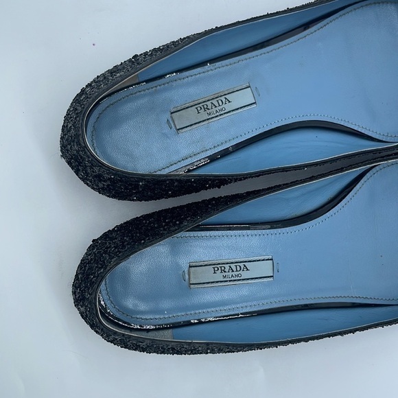 Prada Black Glitter leather bow logo embellished pointed toe ballet flats 38.5 - Picture 7 of 11